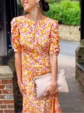 Topshop Floral Midi Dress with Handkerchief Hem  and Puff Sleeves Cottage Size 6
